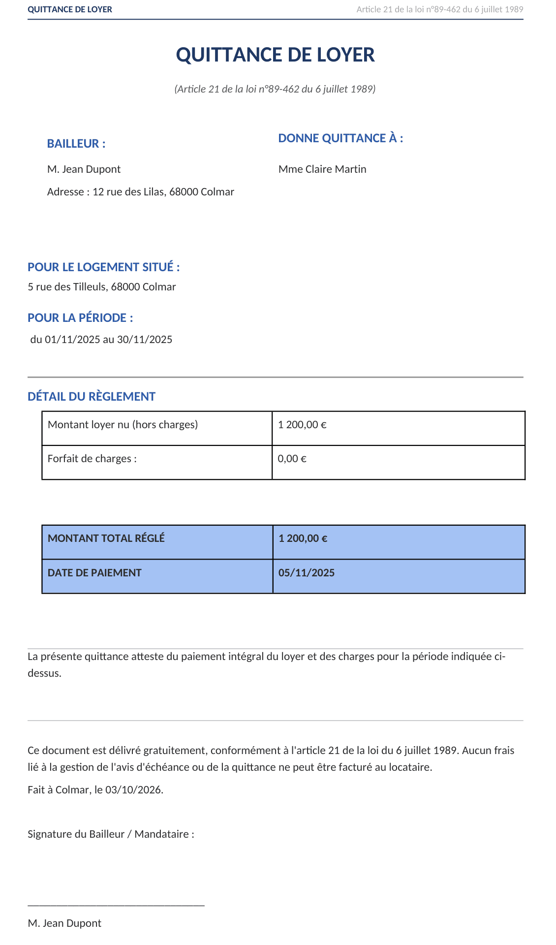Exemple de quittance de loyer générée : bailleur M. Jean Dupont, locataire Mme Claire Martin, loyer de 1 200 € réglé le 5 novembre 2025.