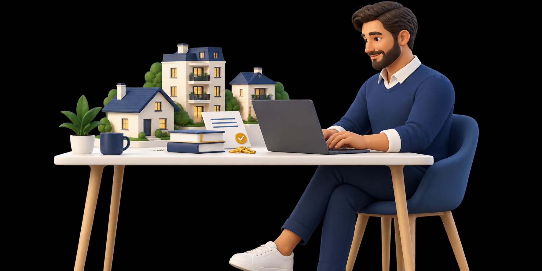 Propriétaire bailleur assis à une table et gérant ses locations sur un ordinateur portable