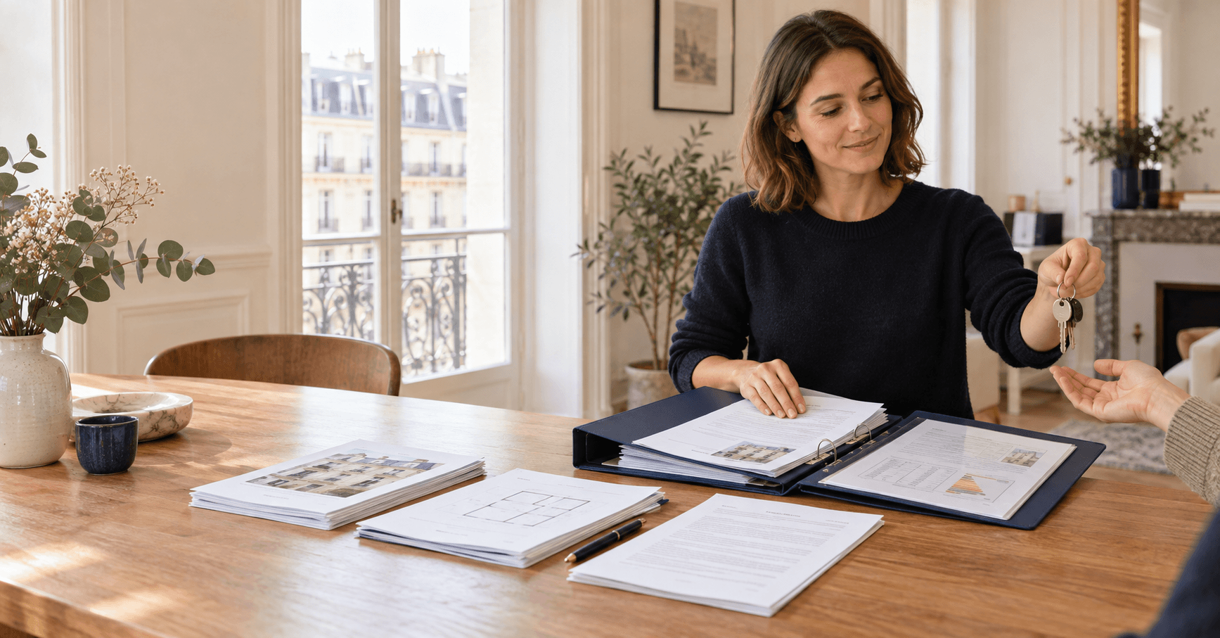 Bailleur préparant les documents à remettre à un locataire avant la remise des clés