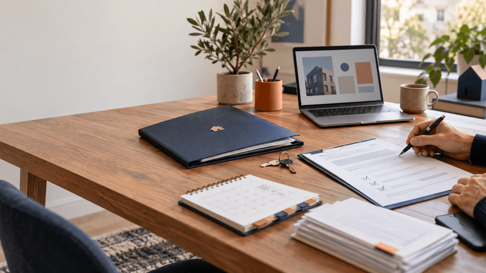 Propriétaire contrôlant un document dans un espace de gestion locative organisé