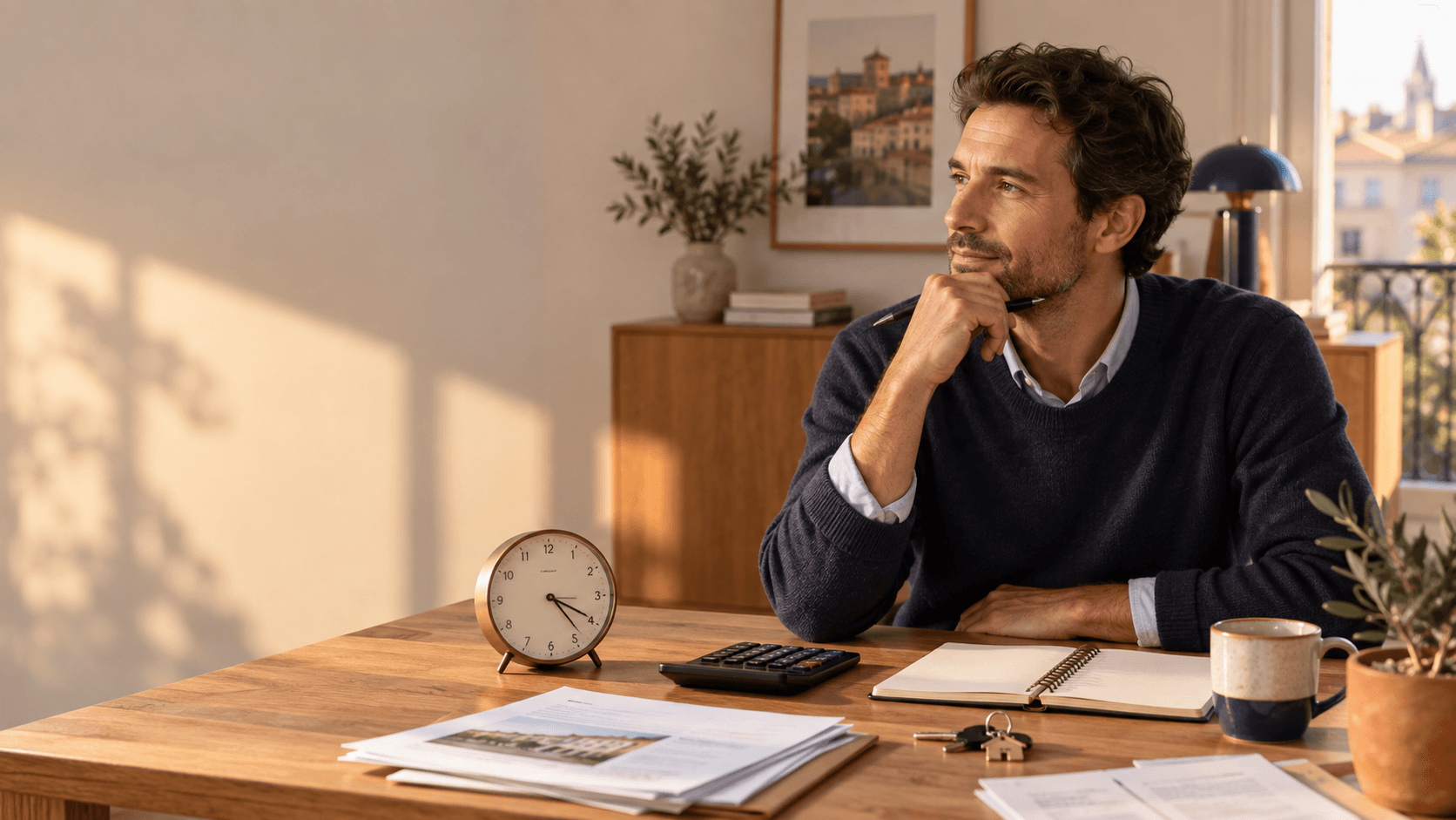 Propriétaire évaluant le temps consacré à sa gestion locative avec une horloge et une calculatrice
