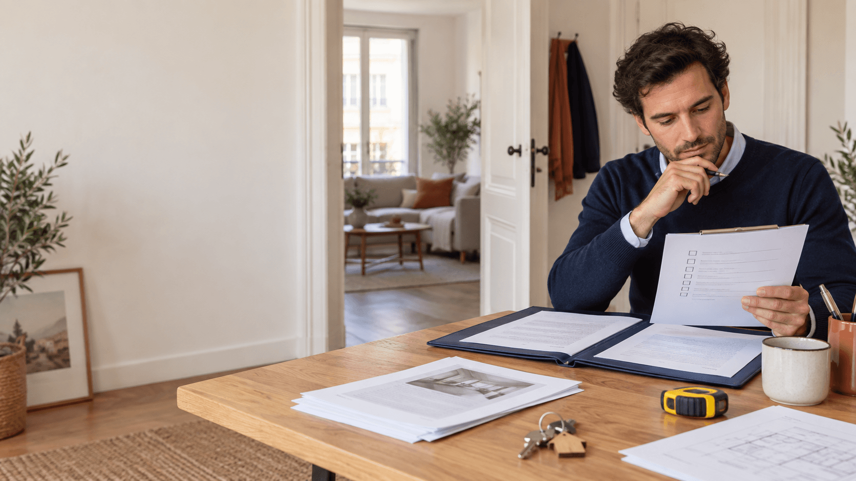 Propriétaire relisant une checklist de location, un bail et les documents du logement