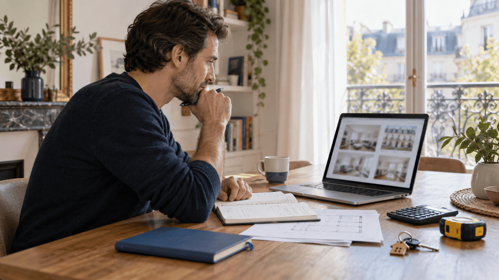 Propriétaire comparant des annonces de location et ses notes pour fixer un loyer