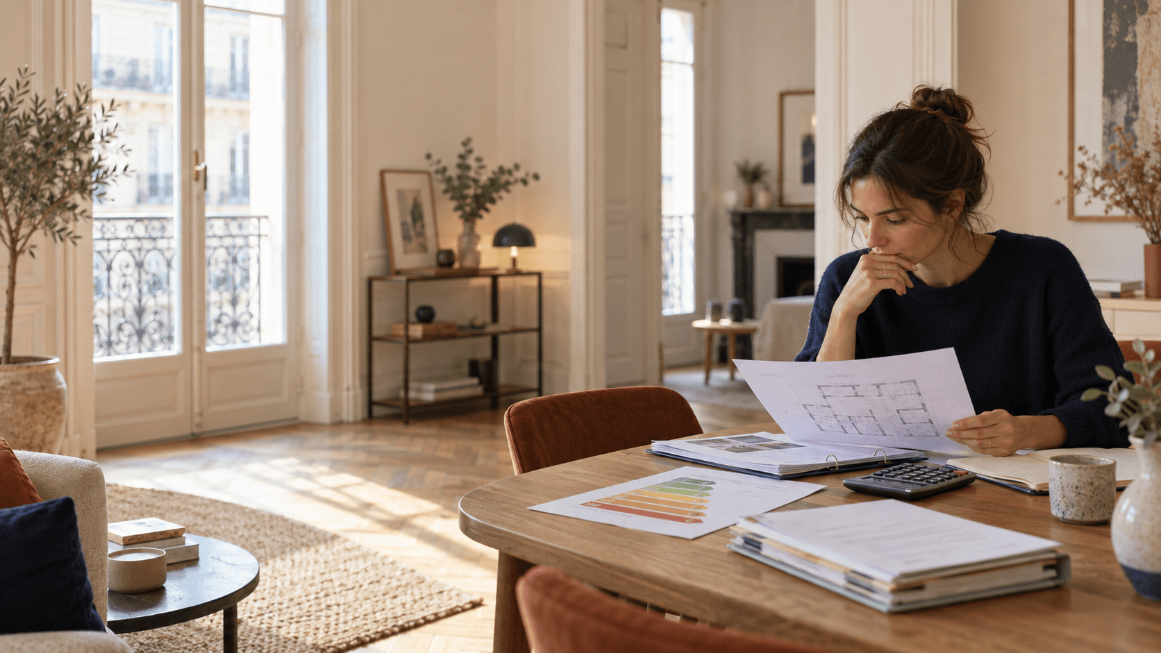 Acheteuse étudiant le plan, le DPE et les documents d’un appartement avant un investissement locatif