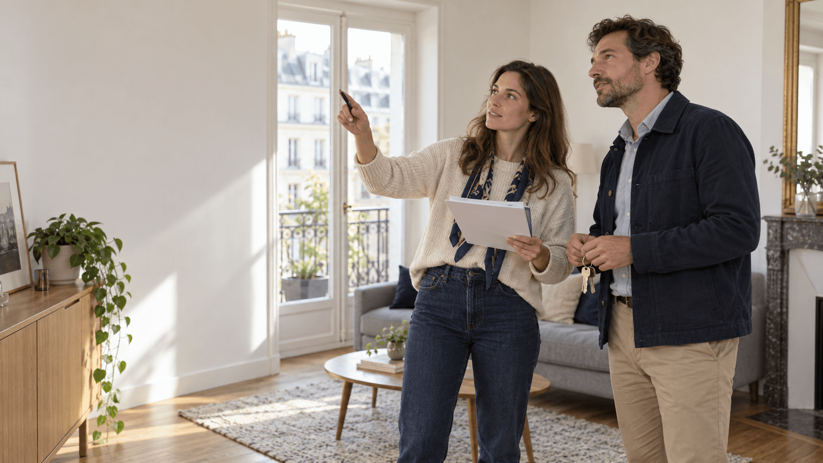 Propriétaire et locataire vérifiant ensemble l’état d’un appartement lors de la remise des clés