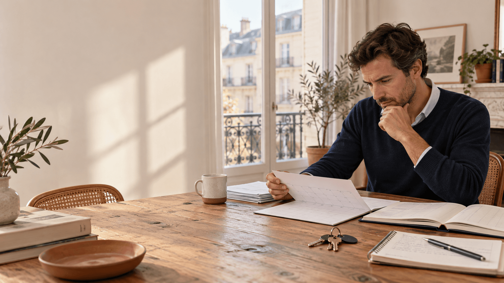 Propriétaire vérifiant son calendrier, ses paiements et les clés de ses locations