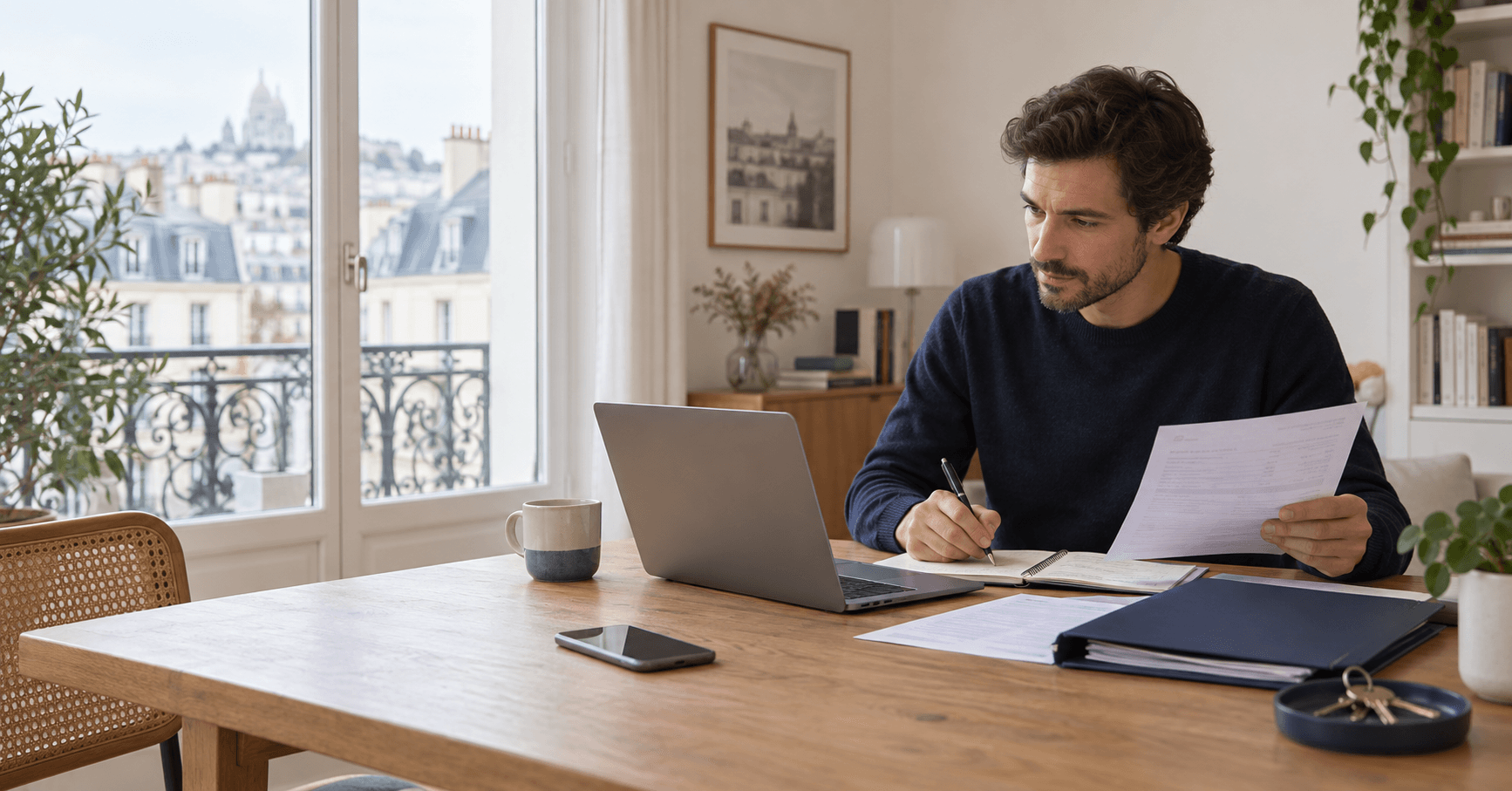 Propriétaire examinant un retard de paiement dans un appartement lumineux