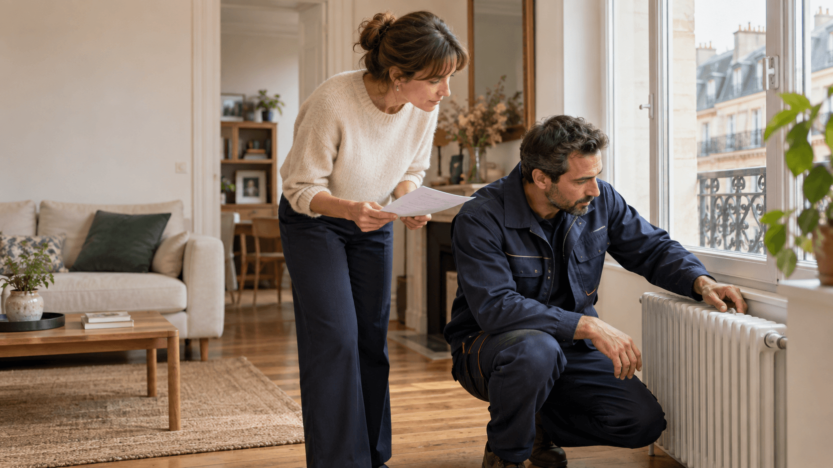 Propriétaire suivant l’intervention d’un professionnel sur le chauffage d’un logement loué