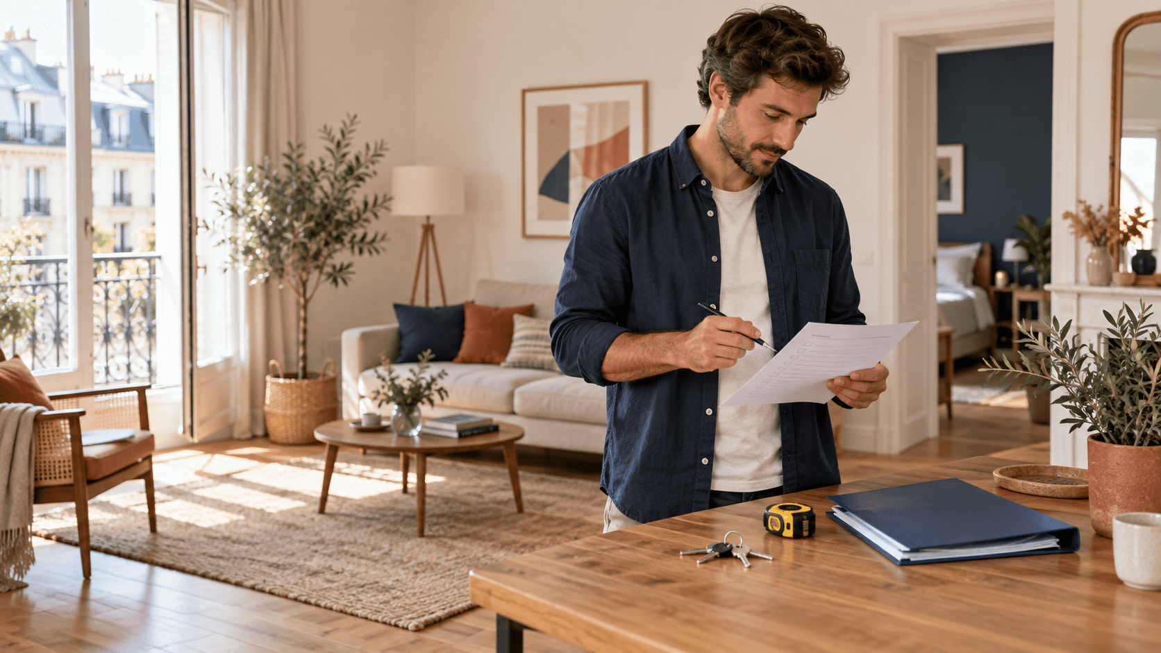 Propriétaire préparant sa première mise en location avec une checklist et les clés du logement