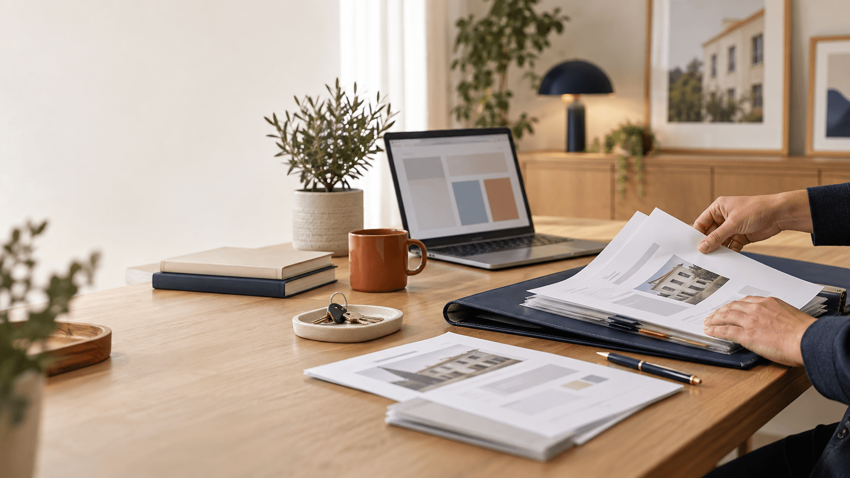 Dossier locatif, clés et documents centralisés sur un espace de travail organisé
