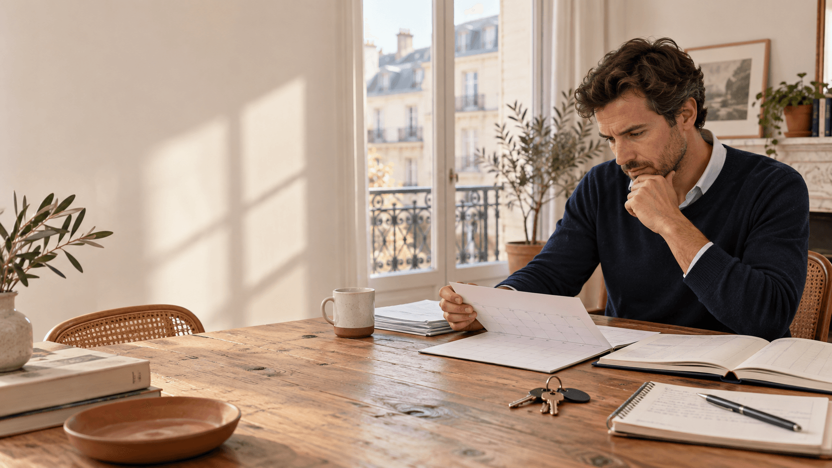 Propriétaire vérifiant son calendrier, ses paiements et les clés de ses locations